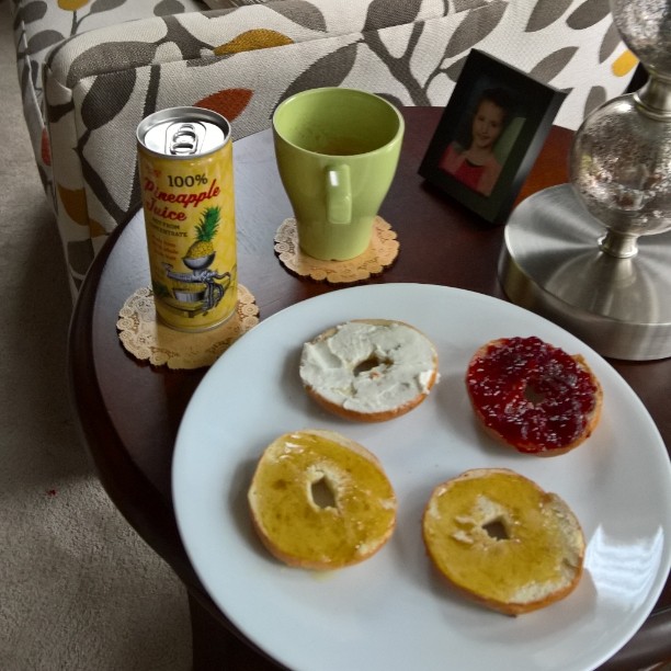 Yesterday's #breakfast sounds so good #today.  #pineapple #juice #minibagels #honey #preserves #creamcheese #coffee